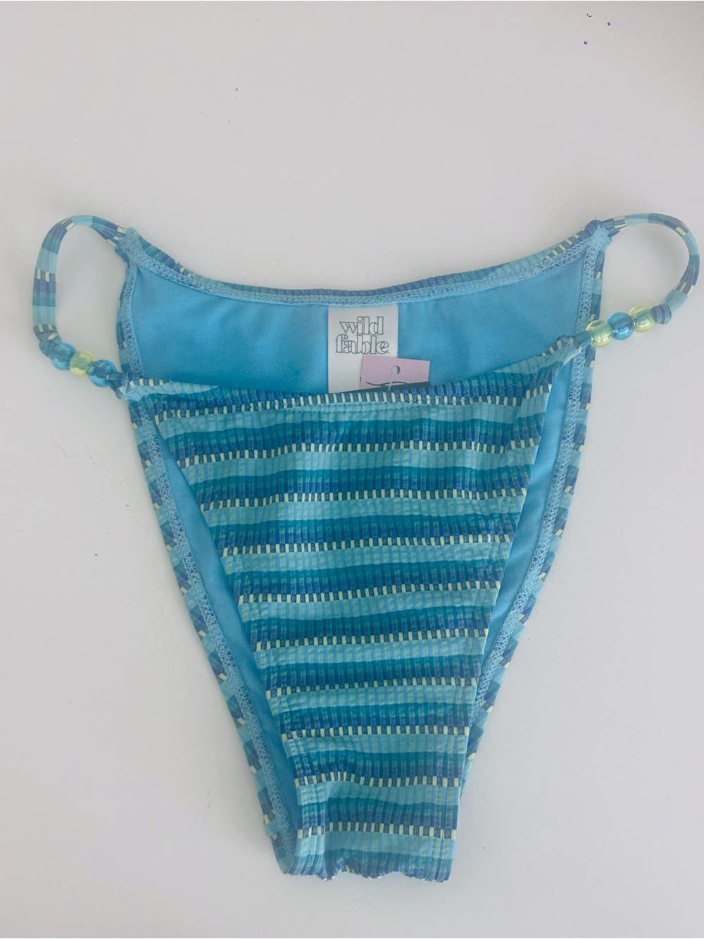 NWT Wild Fable Beaded Bikini Bottoms-Beach Blue Multi-Stripe. Low rise-High Leg
